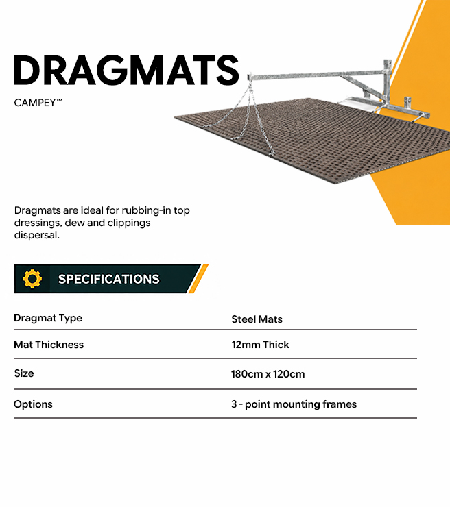 Campey Dragmats for professional turf maintenance, designed to evenly distribute top dressings, disperse dew and clippings on golf courses, sports fields and fine turf.