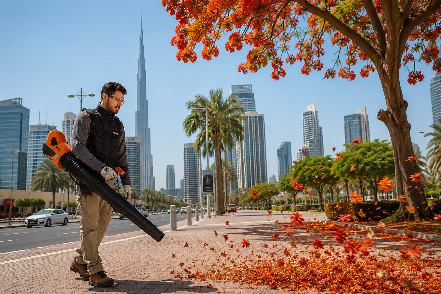 Professional using a PELLENC battery leaf blower for landscape maintenance in Dubai, available for sale from Orient Irrigation Services in the UAE.