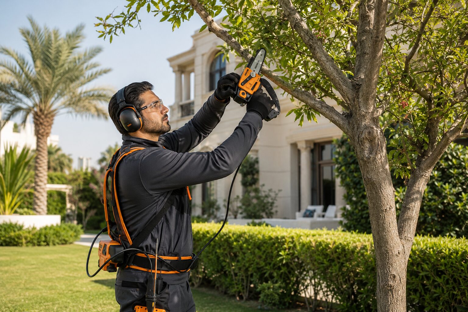 Professional using a PELLENC SELION M12 pruning saw for villa landscape maintenance in Dubai, available on promotion from Orient Irrigation Services UAE.
